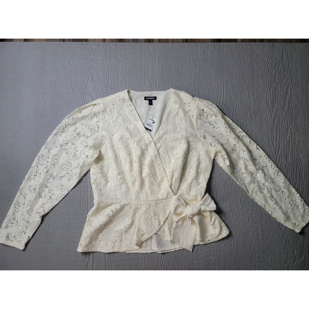 Express Womens Ivory Floral Lace Wrap Peplum Top Long Sleeve Side Tie Bow NWT L